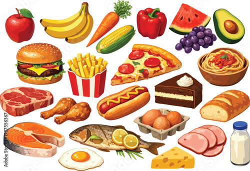 Assortment of popular fast food and fresh food items, vector illustration