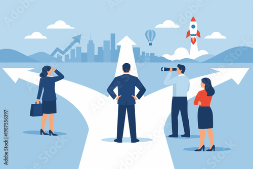 Business Team Standing at a Crossroads Choosing a Path for Future Growth and Success. Flat Vector Illustration of Professionals Looking at Different Directions with City Skyline and Rocket.