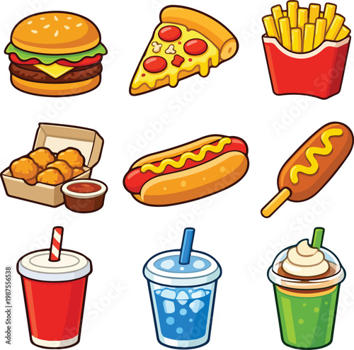 Assortment of Fast Food Items Flat Design Vector Illustration