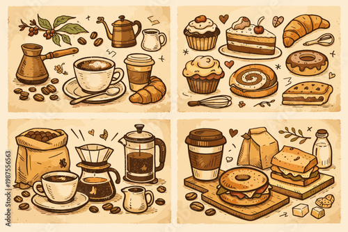 Hand Drawn Vintage Coffee Shop Illustration Set with Cafe Menu Elements, Bakery Pastries, Coffee Beans, French Press, Pour Over, Sandwiches, and Whimsical Sketch Style for Branding and Packaging.