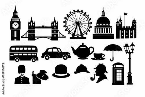Iconic London Symbols Collection: Black and White Silhouette Designs of Big Ben, Tower Bridge, London Eye, Bus, Taxi, Telephone Booth, Sherlock Holmes, and Tea. Simple Flat Vector Illustration.