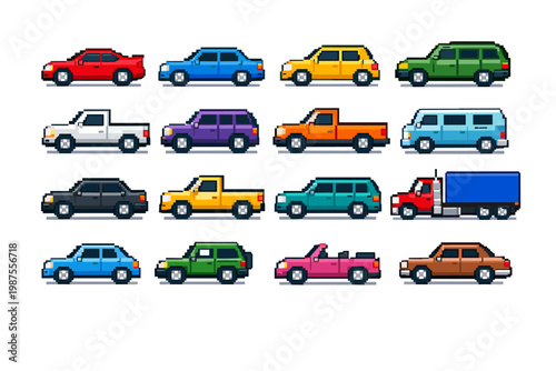 Sixteen colorful pixel art cars and trucks in a retro 8-bit video game style featuring various models like sedans, SUVs, pickups, vans, and a semi-truck isolated on a white background.