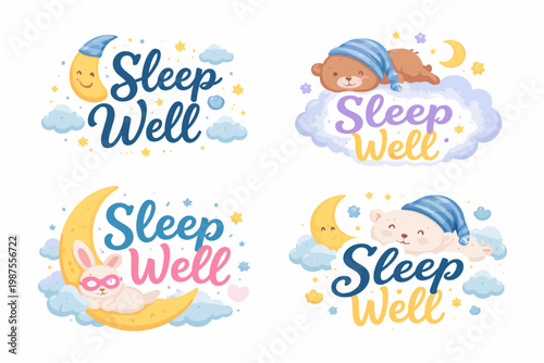 Set of cute sleep well typography designs featuring adorable animals like bears and rabbits sleeping on crescent moons and soft clouds with stars. Perfect for nursery decor and baby shower cards.