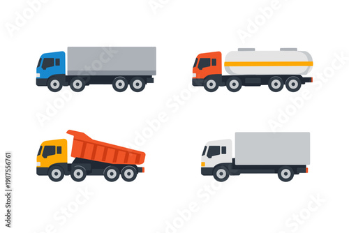 Collection of flat vector truck icons featuring cargo trailer, fuel tanker, industrial dump truck, and delivery van for logistics, transportation, shipping, and heavy commercial vehicle concepts