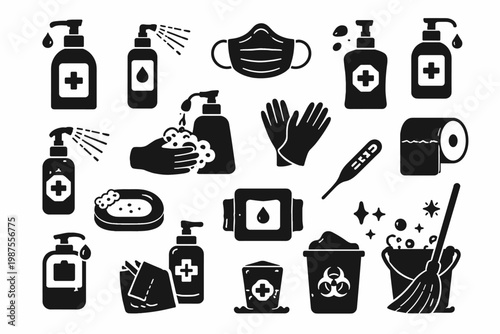 Black silhouette icons of essential hygiene and sanitation items including hand sanitizer, face mask, medical gloves, thermometer, soap, and cleaning supplies for health safety and prevention.