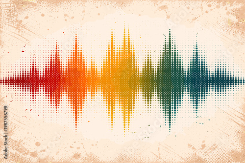 Retro Grunge Sound Wave Pattern with Audio Equalizer Halftone Design and Pulse Effect. Colorful Frequency Spectrum on a Vintage Textured Background for Music, Media, and Creative Audio Projects.