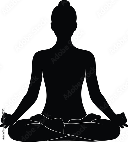 Silhouette woman meditating in sukhasana pose vector illustration peaceful meditation.