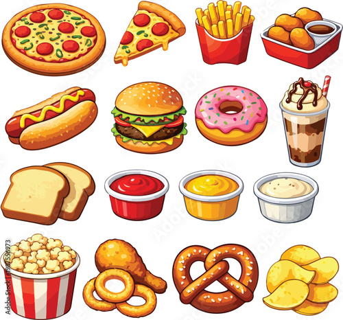 Fast Food Collection: Pizza, Burger, Fries, Hot Dog, Donuts, and More Vector Illustration