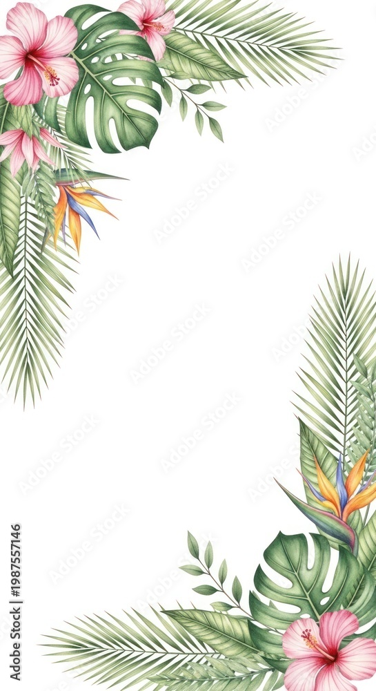 Naklejka premium Watercolor Tropical Leaves and Hibiscus Flowers Frame Design.