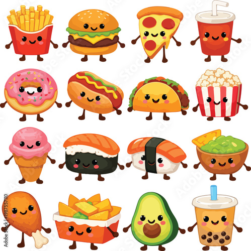 Kawaii Fast Food Characters: Burger, Pizza, Fries, Donut, Tacos, Sushi & Ice Cream Vector Illustration