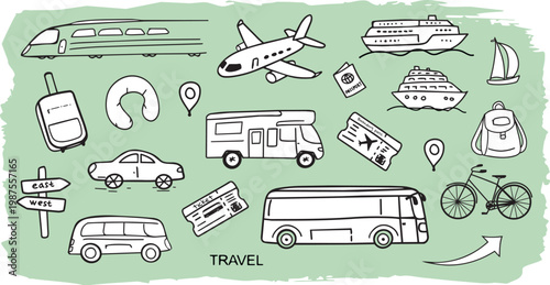 Travel transport doodle set with train, airplane, cruise ship, bus, camper, bicycle, car and trip accessories in a hand-drawn style