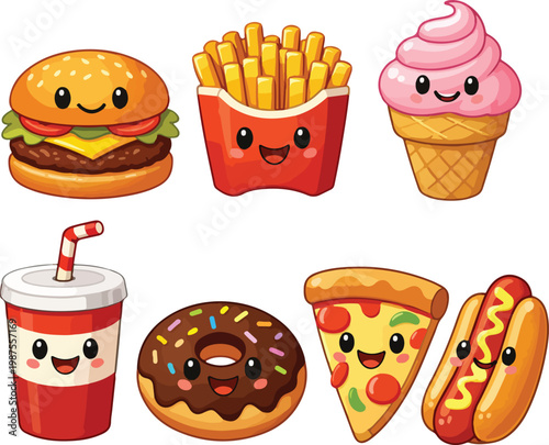 Cute Kawaii Fast Food Characters Vector Illustration Set: Burger, Fries, Ice Cream, Drink, Donut, Pizza, Hotdog