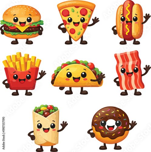 Cute cartoon fast food characters including hamburger, pizza, hot dog, fries, taco, bacon, burrito, and donut, vector illustration