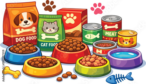 Assortment of Pet Food Products: Dog Food Bags, Cans, Bowls & Treats, Flat Design Vector Illustration