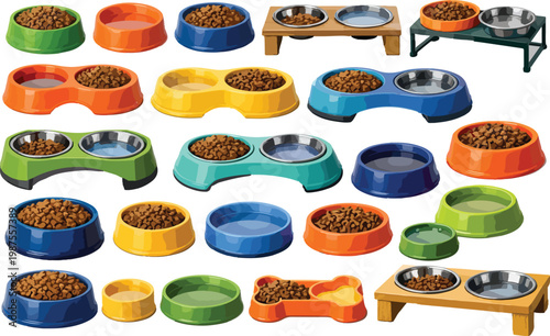 Collection of Colorful Pet Food Bowls and Stands, Various Designs, Vector Illustration