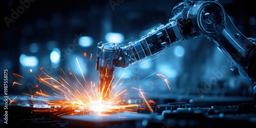 Advanced robotic arm performing precision welding with bright sparks flying in a futuristic factory