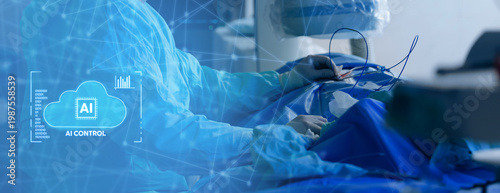 Slika na platnu Operating room cardiac surgery scene with ai monitoring overlay for medical back