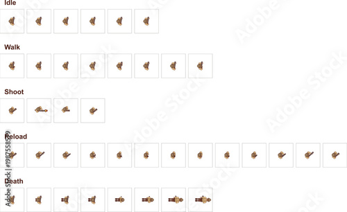 Animated top-down hunter character sprite sheet featuring frame-by-frame actions including idle, walking, shooting, reloading, and death, designed for 2D shooter games, with a double-barrel shotgun.