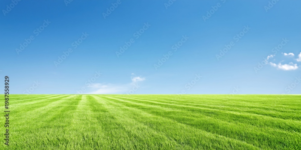 Fototapeta premium Vast green lawn with manicured stripes under a clear blue sky
