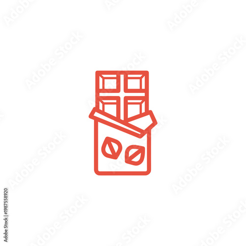 Chocolate bar in red packaging with open box and cacao beans for World Chocolate Day