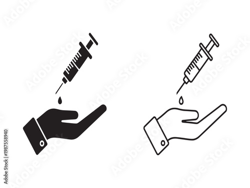 Black and white illustration of hands holding syringes with droplets medical iconography