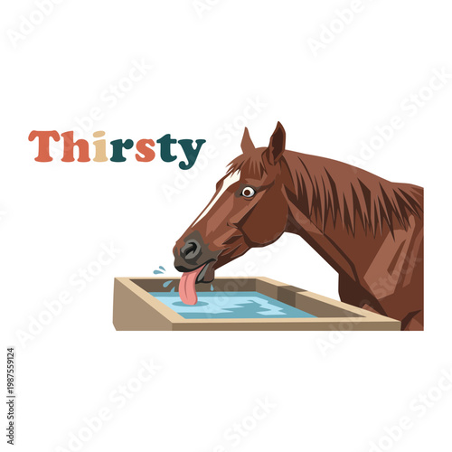 Brown horse drinking from water trough with tongue out