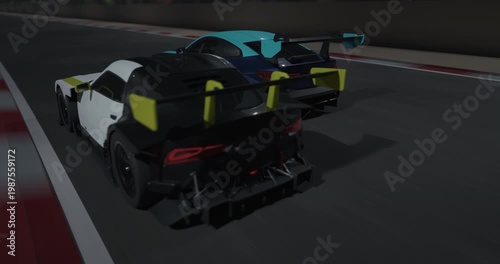 GT3 Gran turismo race cars drive side by side at night on a track, close view with headlights, motion blur shows speed, city lights create intense motorsport action