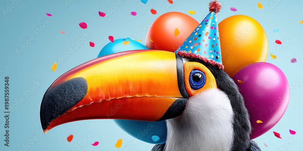Obraz premium Whimsical toucan wearing a party hat surrounded by colorful balloons and confetti