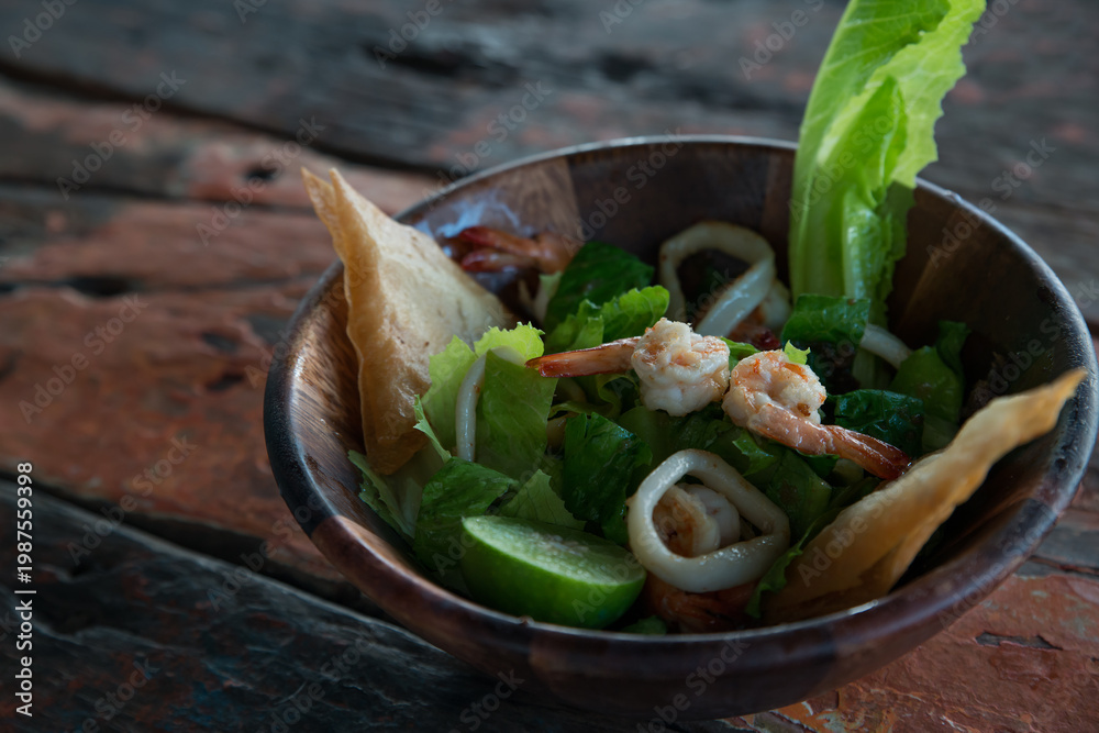 custom made wallpaper toronto digitalSalad with seafood and shrimps and lettuce on old wooden table. Close Up, Selective focus. Top view, flat lay.