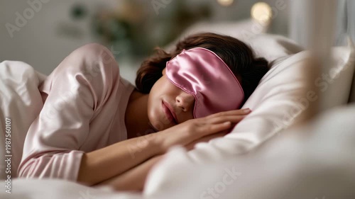 Young woman sleeping peacefully in bed wearing a pink silk sleep mask, cozy morning bedroom scene, soft natural light, relaxation, wellness and healthy sleep concept