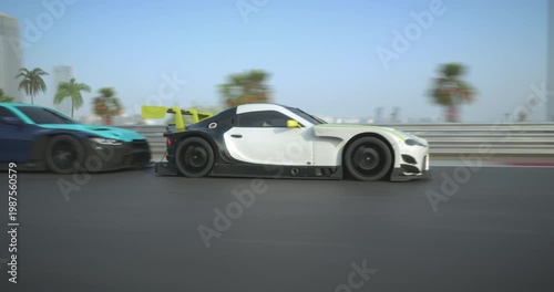 Two high-performance sports cars racing side by side on a modern urban track, motion blur emphasizing speed, with palm trees and city skyline in the background