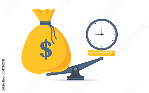 Time is money. Clock and dollar bag a balance scale. Financial concept .Time value of money asset growth over time depicts investment in long-term equity. Vector