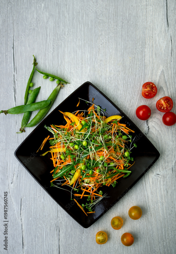 custom made wallpaper toronto digitalHealthy veggie salad with apple, green herbs, bell paper, seeds and carrots - low carbohydrate, low calorie diet. Healthy eating, nutrition and diet concept. Top view, flat lay