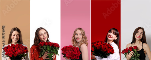 Beautiful women with bouquets of red roses on colorful backgrounds. Collection of portraits