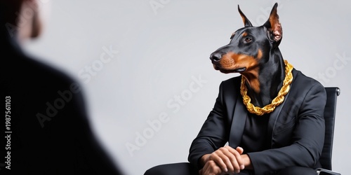 Doberman Pinscher head on a man in a suit with a gold chain