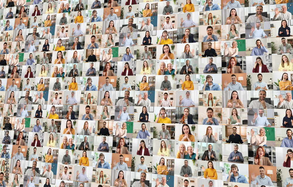 Obraz premium Group video chat, collage. Many people during online meeting, web camera view