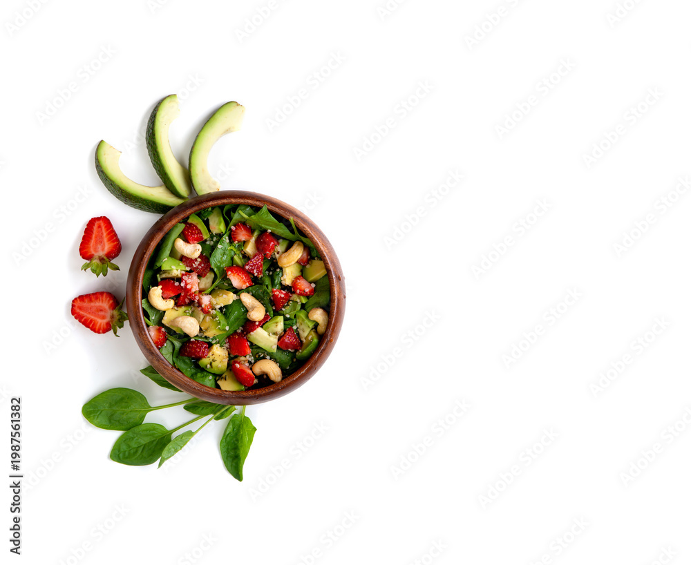 custom made wallpaper toronto digitalHealthy veggie salad with avocado, arugula, spinach, strawberries, cashews and seeds low carb, low calorie diet. Healthy eating, nutrition and diet concept. Top view, flat lay