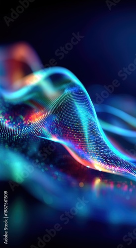 Abstract flowing wave of colorful digital particles on a dark background