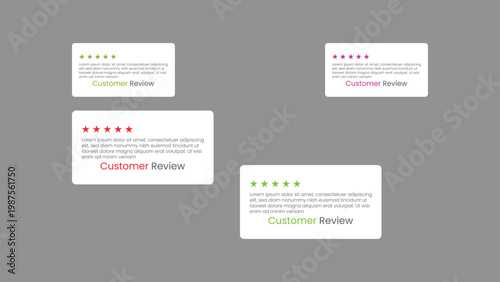 Customer review testimonial cards with five star rating and feedback text