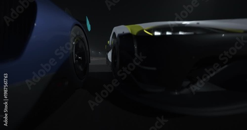 GT3 Gran turismo race cars drive side by side at night on a track, close view with headlights, motion blur shows speed, city lights create intense motorsport action