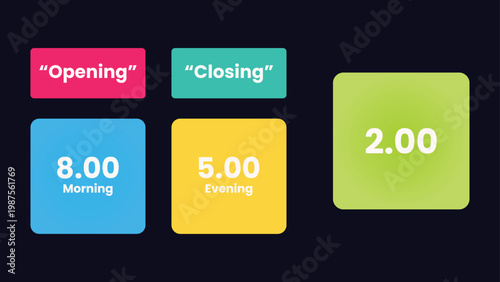 Colorful blocks displaying opening and closing times for business operations
