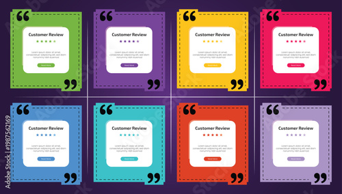 Eight colorful customer review cards arranged in two rows with testimonial