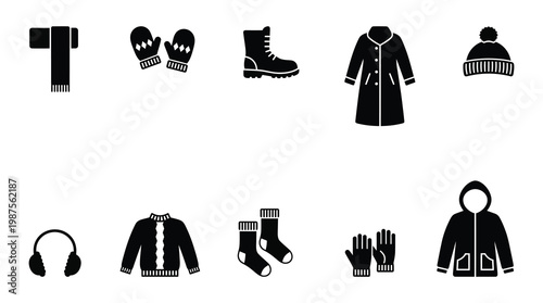 A collection of black icons featuring winter clothing and accessories, including coats, hats, gloves, and more, on a white background.