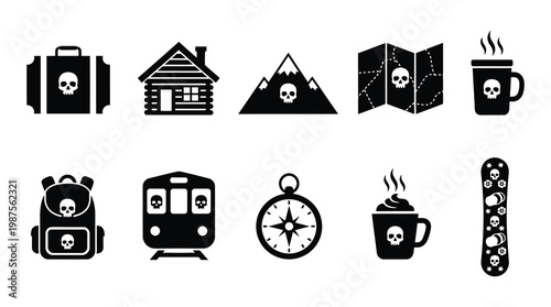 a collection of travel related icons with skulls, including luggage, house, mountain, map, coffee, and more. useful for design projects with a dark or edgy theme.