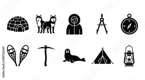 a set of black and white travel and expedition icons on white background, including igloo, huskies, inuit, compass, tent, seal, pickaxe, lantern, and more.