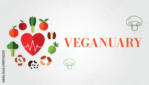 Veganuary heartbeat with fresh vegetables and fruits plant based food choice