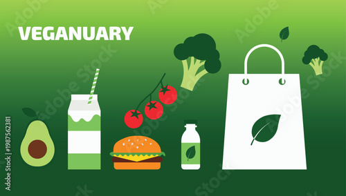 Veganuary shopping bag with vegan food and drink options milk carton white bag