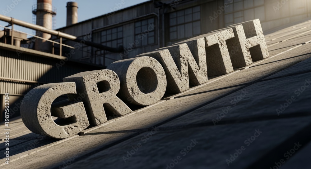 Fototapeta premium Industrial setting with growth text on rooftop