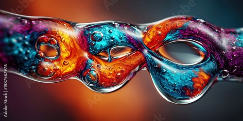 Vibrant liquid droplets merging and splitting in a rhythmic, mesmerizing pattern