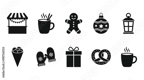 a collection of black and white christmas icons on a white background, including a gingerbread man, ornament, gift, and hot chocolate, perfect for holiday marketing and advertising materials